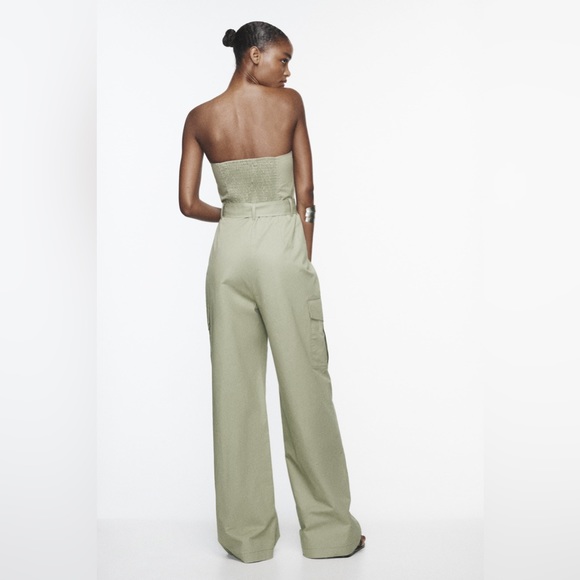 Zara jumpsuit technical fabric cargo sleeveless wide streight leg light khaki - Picture 8 of 12